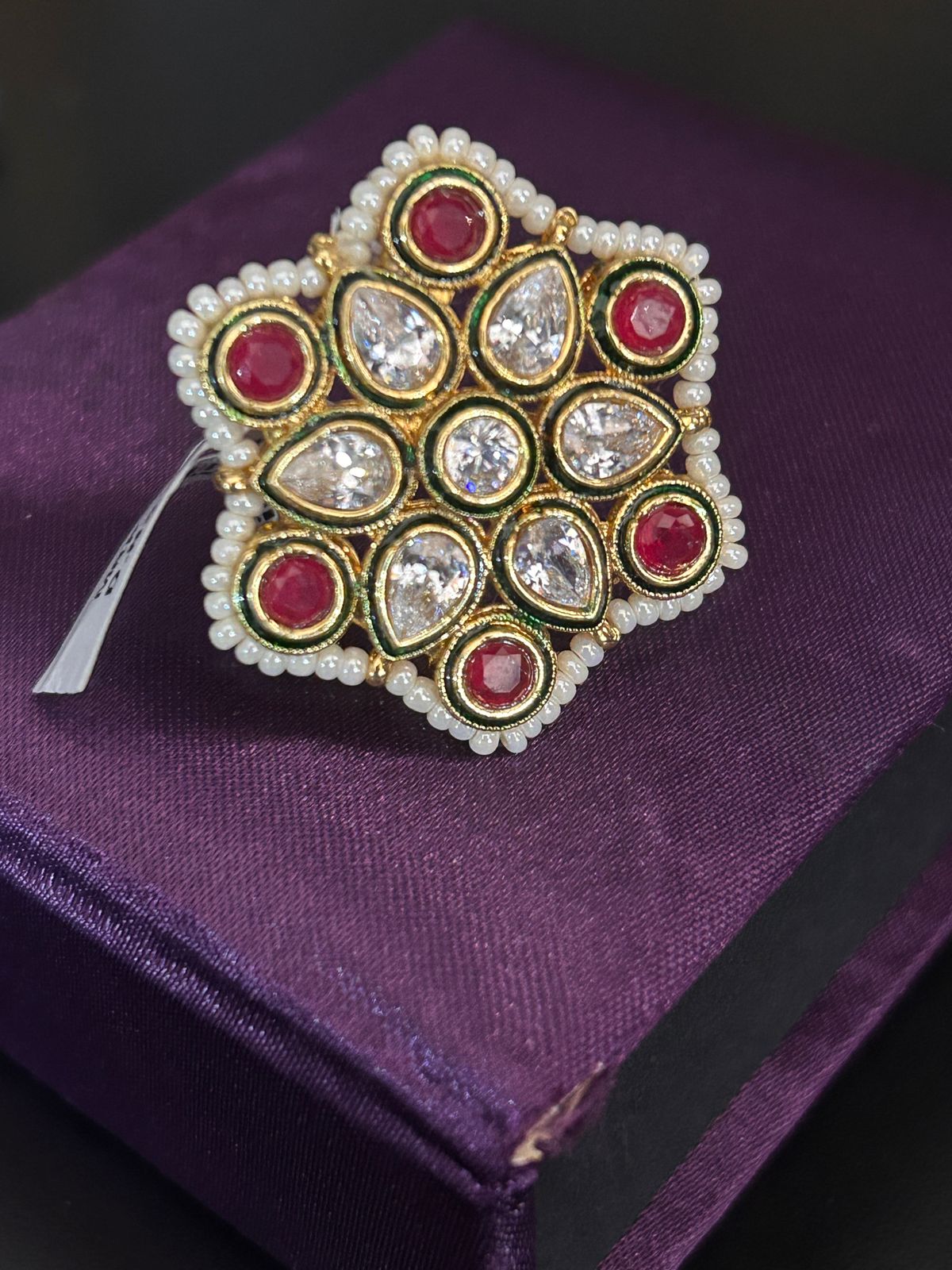 Red & White Kundan Floral Adjustable Ring – Traditional Oversized Statement Ring